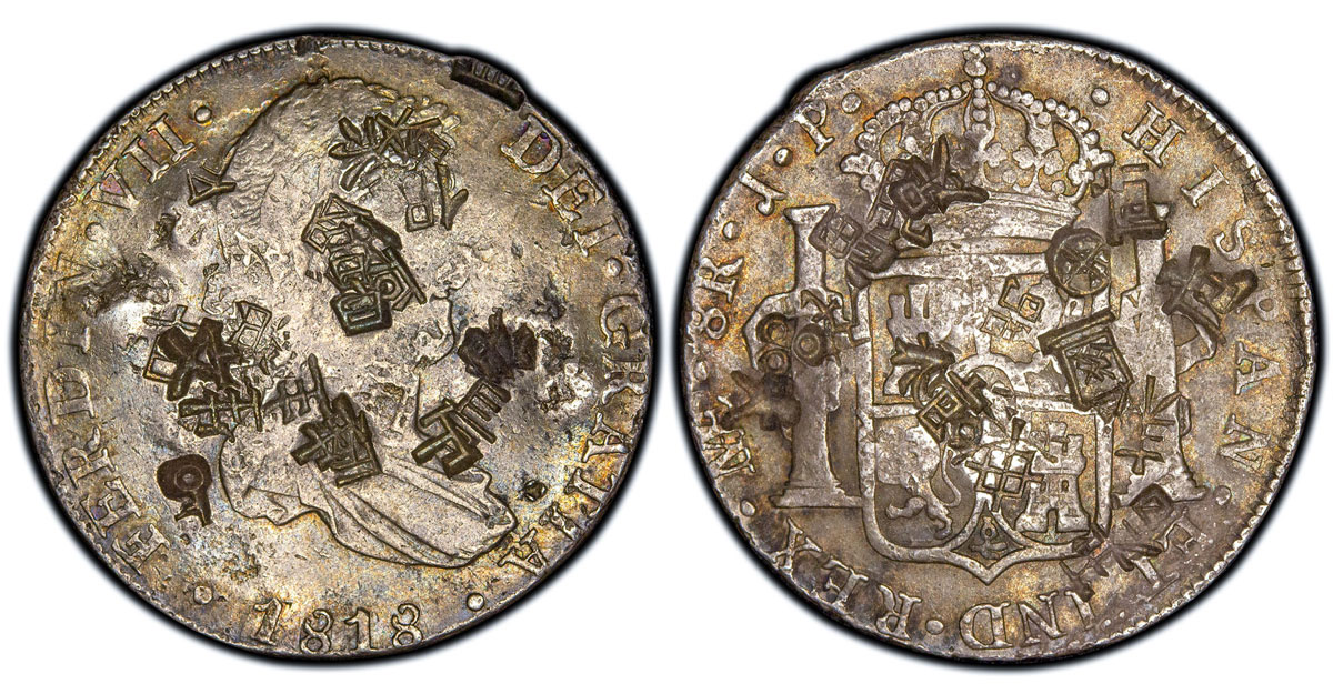 1818 Peru portrait 8 Reales with large chopmarks