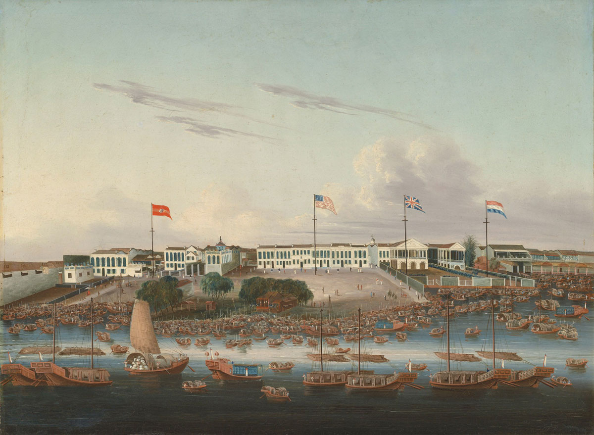 Many sampan boats clustered in front of the Foreign Factories, Chinese School, c.1826